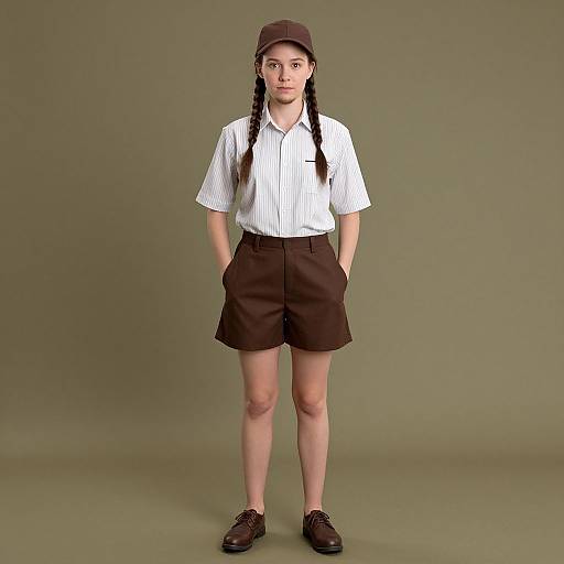 Photograph of an Asian girl with braided hair, wearing a white pinstripe shirt, black shorts, brown cap, and black shoes, standing