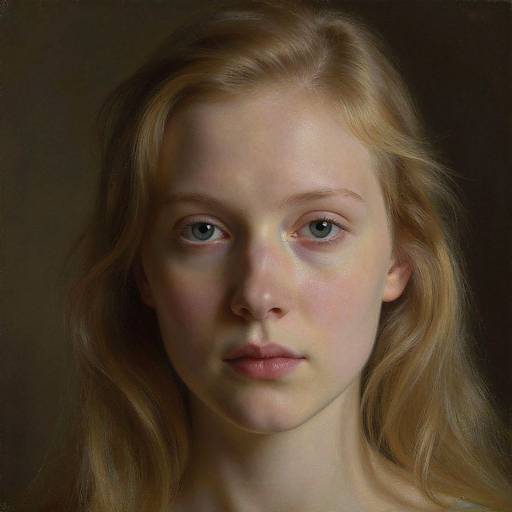 Photorealistic portrait of a young, fair-skinned woman with light blue eyes, long blonde hair, and pinkish cheeks, set against a dark