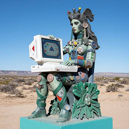 Photograph of a colorful, intricately detailed statue of a futuristic, tribal goddess holding a retro computer against a clear blue desert sky.