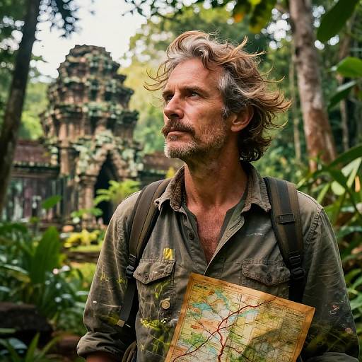 Photograph of a rugged, gray-haired man with a beard, wearing a green shirt and backpack, holding a map, standing in a lush, ancient