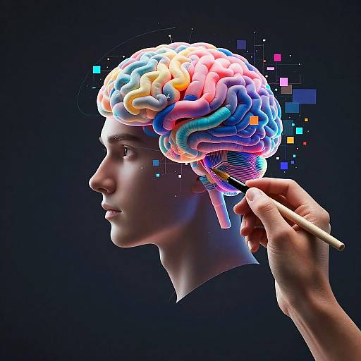 Digital artwork of a side-profile male head with colorful, glowing brain, being painted by a hand with a brush. Dark background with pixelated elements.