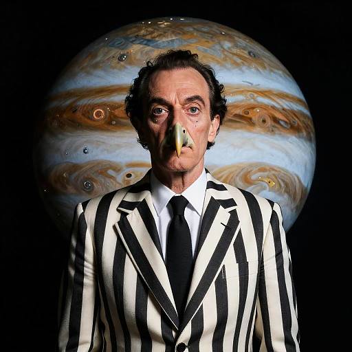 Photorealistic digital art: Middle-aged man with curly hair, black-and-white striped suit, black tie, and bird mask, stands in front of