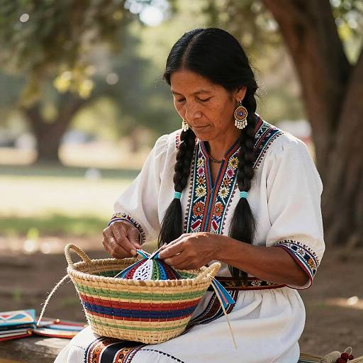 Cherokee Woman Weaving Basket Outdoors