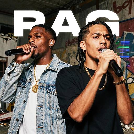 Photograph of two African-American male rappers, one in denim jacket, other in black shirt, both holding microphones, performing on graffiti-covered urban