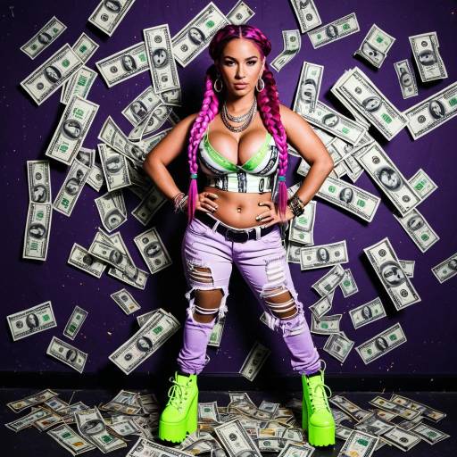 Urban woman with pink braided hair and neon outfit surrounded by dollar bills