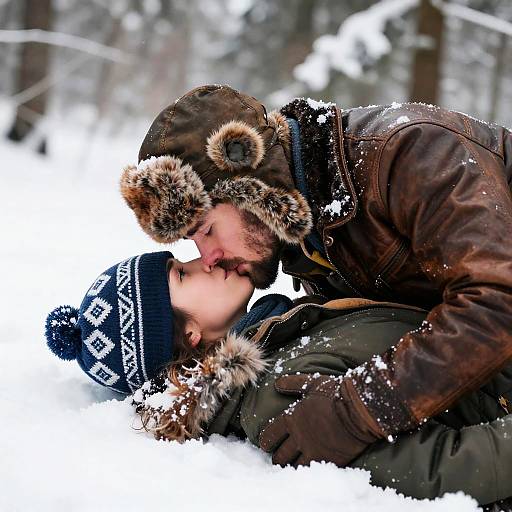 Romantic Winter Kiss in Snowy Forest