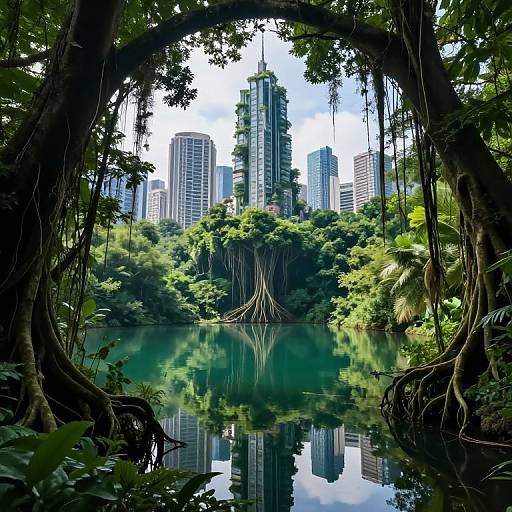 Photograph of a lush, tropical forest with hanging vines framing a calm, reflective lake, leading to a modern city skyline in the background.