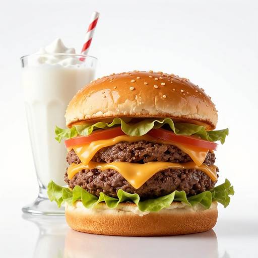 Photograph of a juicy double cheeseburger with lettuce, tomato, and melted cheese, beside a glass of milk with a red-and-white straw.