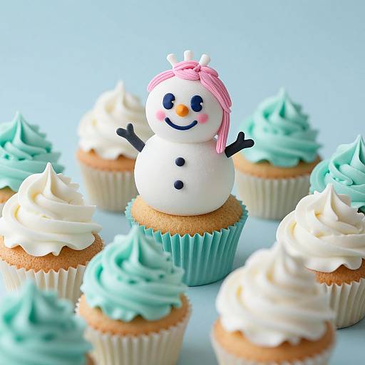 Photograph of cupcakes with turquoise and white swirled frosting, topped with a snowman cake topper wearing a pink headband.