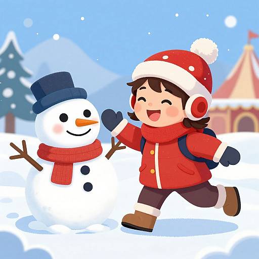 Cute digital drawing of a smiling child in a red coat and Santa hat, running in the snow with a happy snowman. Blue sky, snowy