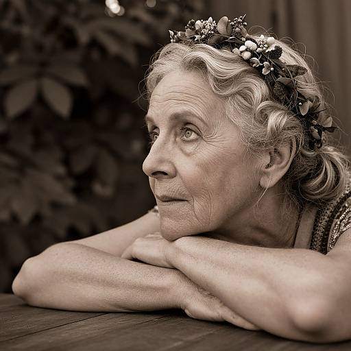 Sepia-toned photograph of an elderly woman with wavy gray hair, wearing a floral crown, resting her chin on her arms, looking contemplatively