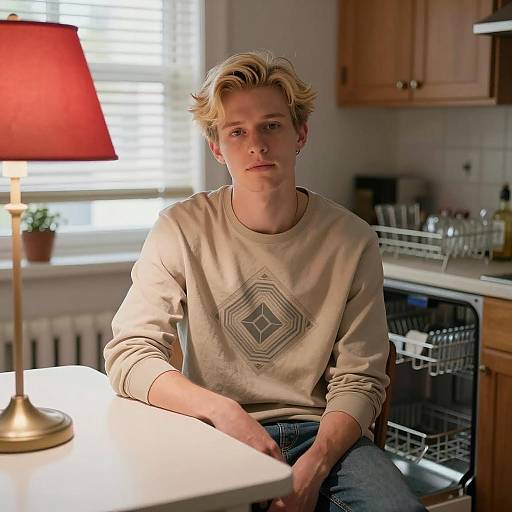 Young Man Sitting at Kitchen Table