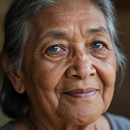 Close-up photograph of an elderly Asian woman with deep wrinkles, blue eyes, and gray hair, smiling softly, showcasing her weathered, textured skin and