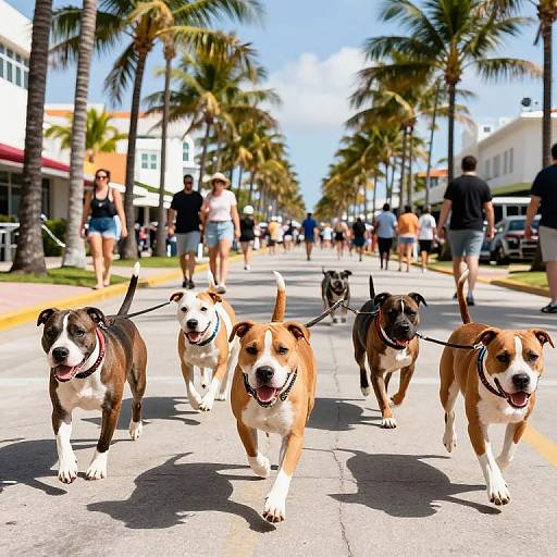 Photograph of four excited, leashed dogs walking on a sunny, palm-tree-lined street with people in summer attire in the background.