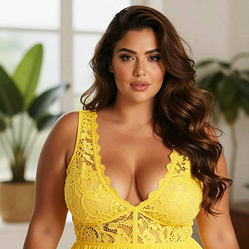 Photograph of a curvy woman with long, wavy brown hair, wearing a yellow lace, deep V-neck dress, standing in a bright,