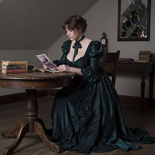 Photograph of a woman in an intricate black Victorian gown, reading a book at a wooden table, in a dimly lit room with stacked books and