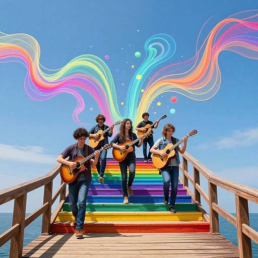 Photograph of five musicians playing guitars on a rainbow-staircase bridge, with colorful, swirling light trails against a bright blue sky.
