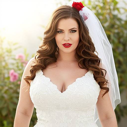 Photograph of a curvy, fair-skinned bride with long, wavy brown hair, red lipstick, and a white lace wedding dress, wearing