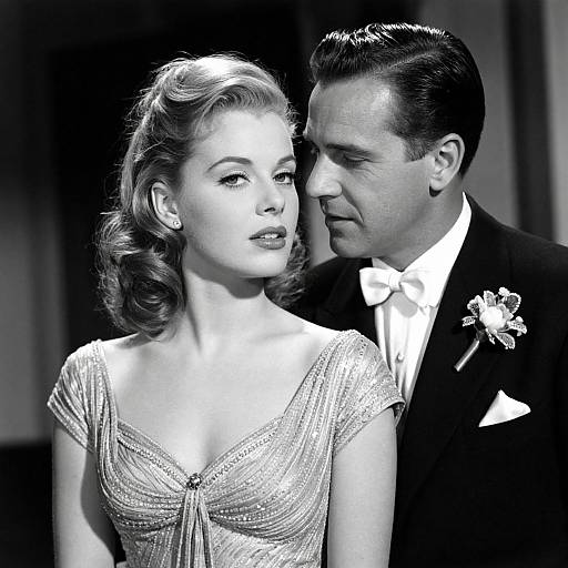 Black-and-white photograph of a 1940s-style couple; woman with wavy blonde hair in sparkling dress, man in bow tie and tux