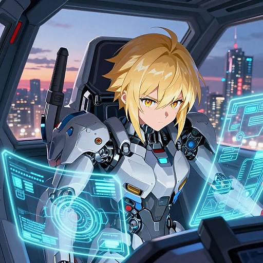 Digital anime-style drawing of a blonde-haired, yellow-eyed cyborg pilot with glowing blue holographic interfaces in a futuristic cockpit, overlooking a cityscape at