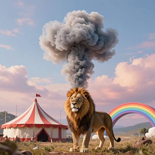Majestic Lion Amid Surreal Circus Landscape