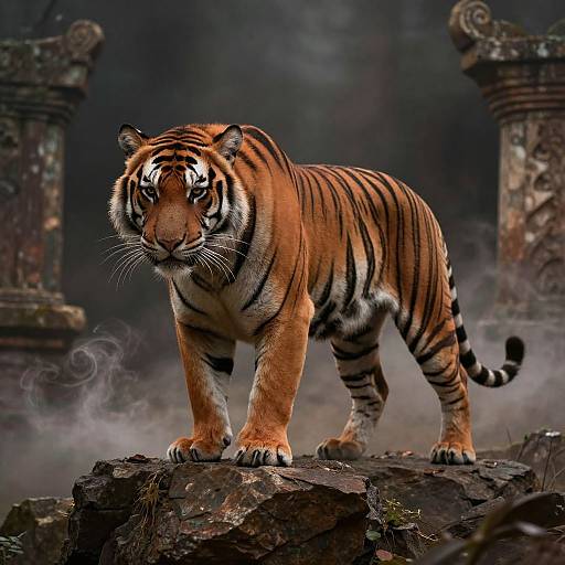Photograph of a powerful, orange-and-black striped Bengal tiger standing on a rocky surface with ancient, weathered stone pillars in the foggy background.