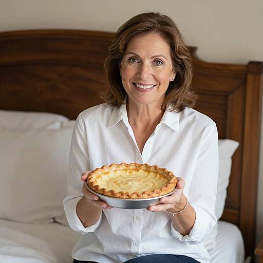 Photograph of a smiling middle-aged woman with shoulder-length brown hair, wearing a white button-down shirt, holding a homemade pie in a metal dish,