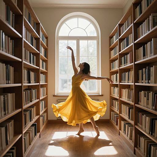 Photograph of a woman in a flowing yellow dress dancing between tall bookshelves, illuminated by sunlight from an arched window.
