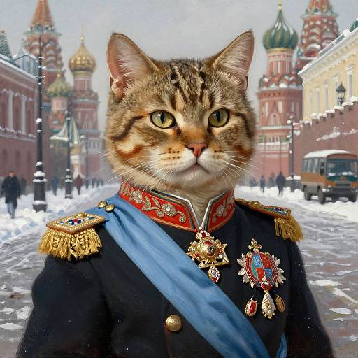 Photograph of a regal tabby cat in a detailed, ornate military uniform with gold epaulettes and blue sash, standing in