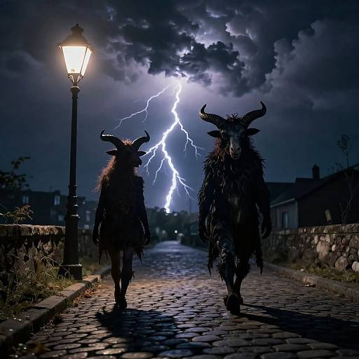 Photograph of two dark, horned, shadowy creatures walking on a cobblestone path under a stormy, lightning-filled night sky with a