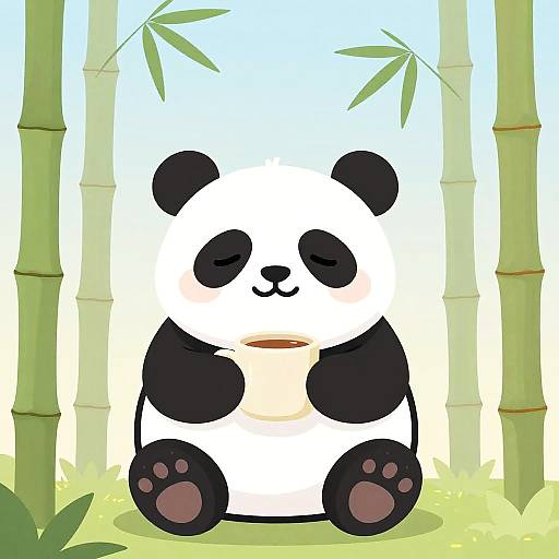 Cute Chubby Panda Holding Mug in Bamboo Grove