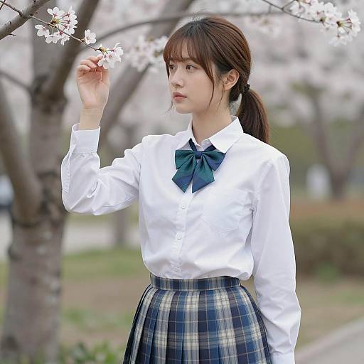 Asian Schoolgirl with Cherry Blossoms