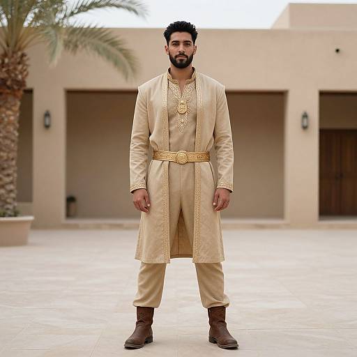 Photograph of a bearded man with dark hair, wearing a beige traditional long tunic with gold embroidery, brown belt, and boots, standing in