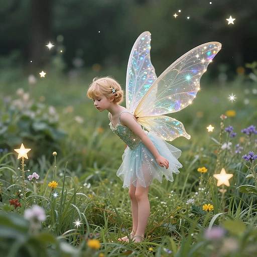 Photograph of a blonde, fair-skinned fairy child with iridescent wings, wearing a sparkling white dress, standing in a magical, starlit