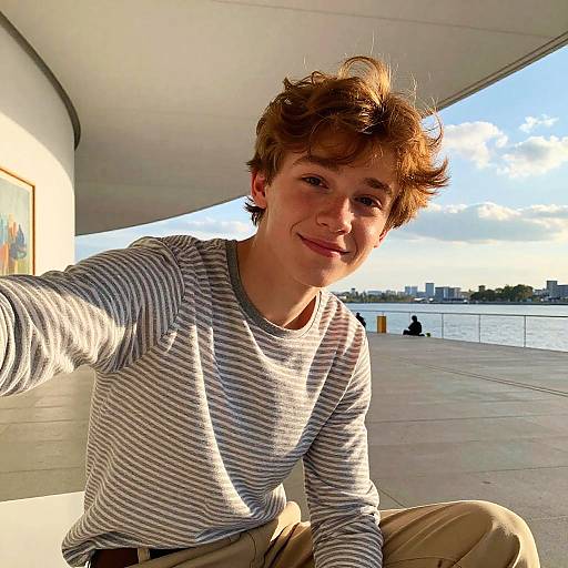 Photograph of a young man with messy brown hair, smiling, wearing a striped grey shirt and beige pants, taking a selfie outdoors by a waterfront with