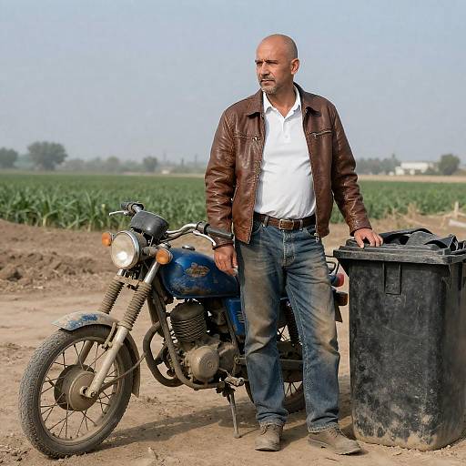 Bald Man by Dirty Motorcycle in Field