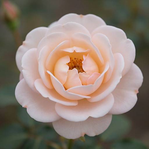 Photograph of a delicate, fully-bloomed white rose with soft peach accents, centered against a blurred green and brown garden background.