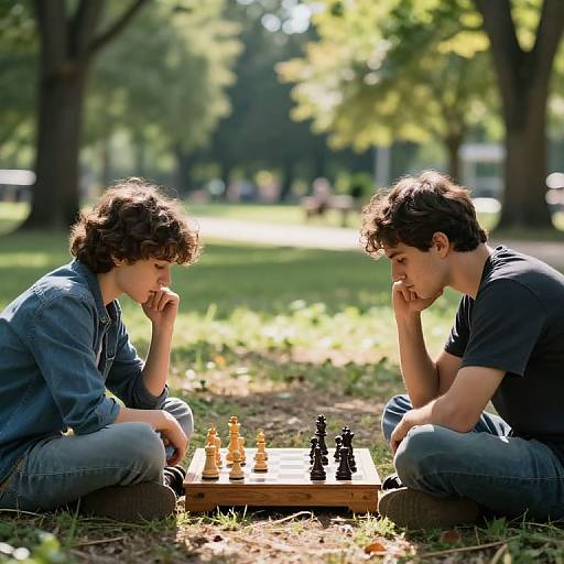 Photograph of two young men with curly brown hair, sitting cross-legged on grass, playing chess in a sunlit park.
