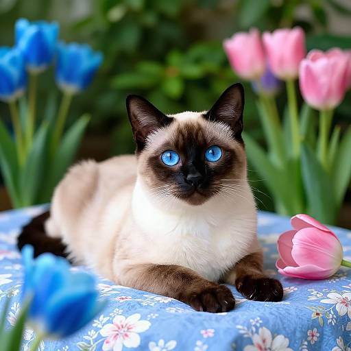Photograph of a blue-eyed Siamese cat with black mask and ears, lying on a blue floral blanket with pink and blue tulips in the