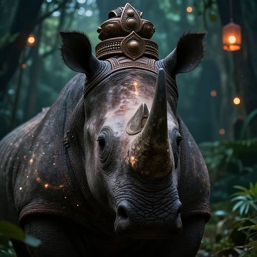 Photograph of a rhinoceros in a forest, wearing an ornate crown with glowing lights, surrounded by blurred, dimly lit trees.
