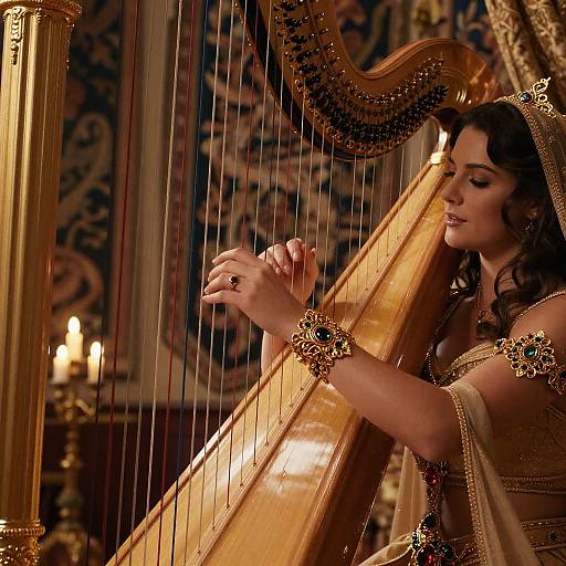Photograph of a dark-haired woman playing a golden harp adorned with jewels, in an opulent, candlelit room with ornate patterns.