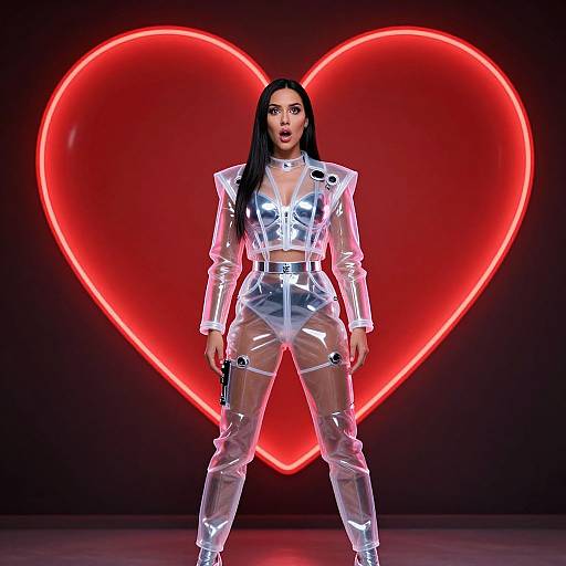 Photograph of a woman with long black hair, wearing a shiny silver crop top and matching high-waisted pants, standing confidently in front of a