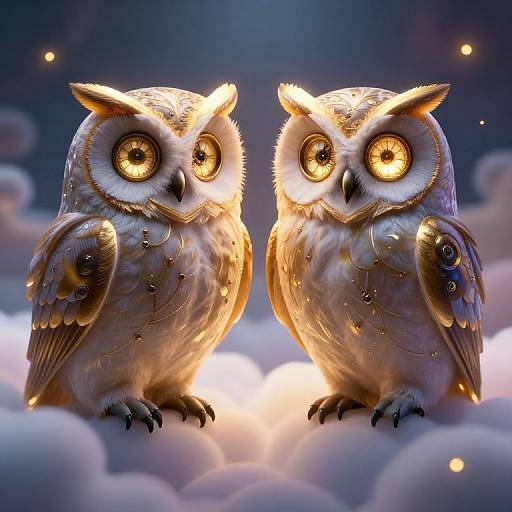 Digitally rendered, glowing, detailed owls with large, mesmerizing yellow eyes, standing on fluffy clouds against a starlit, dark blue sky.