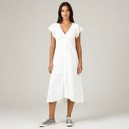 Photograph of a young woman with straight black hair, wearing a white V-neck dress and black-and-white sneakers, standing against a plain white background.