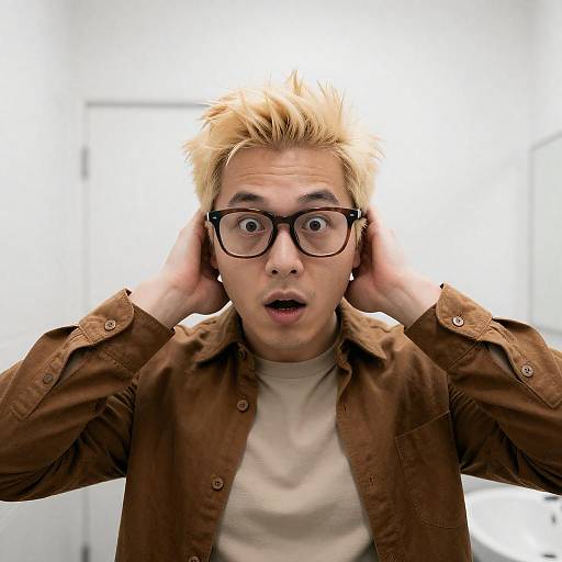 Surprised Man in Bathroom Setting