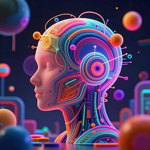 Digital art of a human head with vibrant, neon-colored circuitry and orbs, set against a futuristic, dark space background.