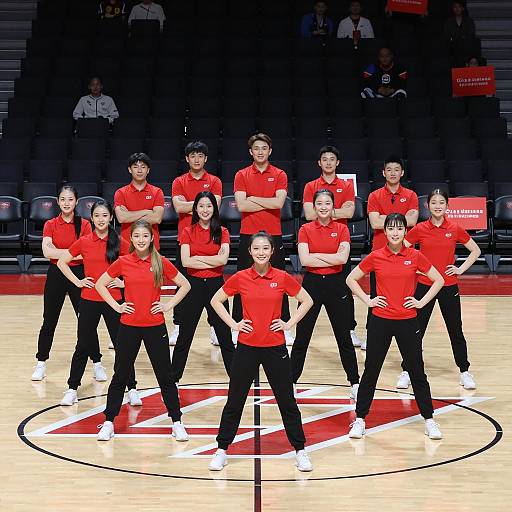 Cheerleading Team on Basketball Court