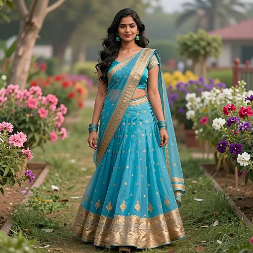 Indian Woman in Blue Lehenga in Flower Garden