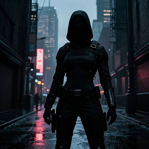 Shadowy Vigilante in Dystopian City