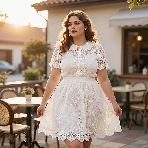 Photograph of a beautiful brunette woman with wavy hair, wearing a white lace dress, standing outdoors at a sunlit café.